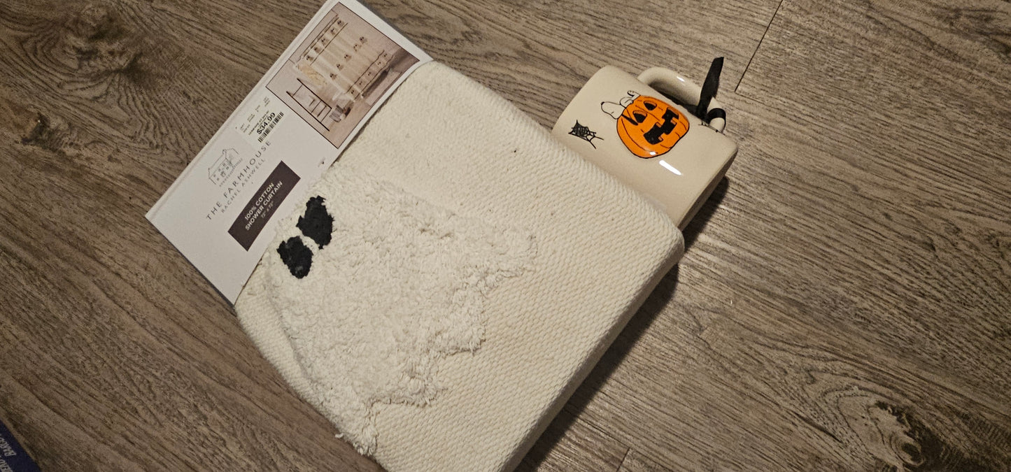 Cortina de baño / taza snoopy y liquido de gel holders y jabonera